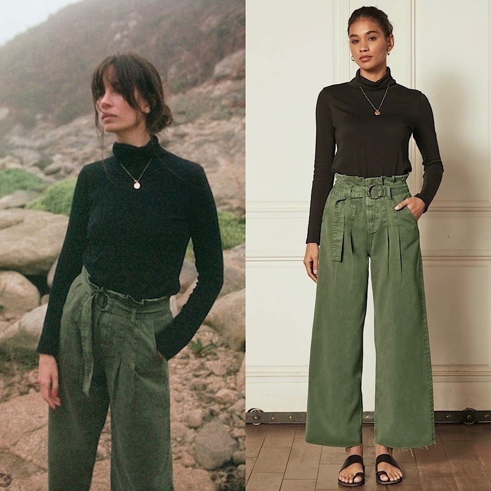 NWT‎ BOYISH 90s Olive High Rise Belted Paperbag Waist Wide Leg Fray Hem Pants 26